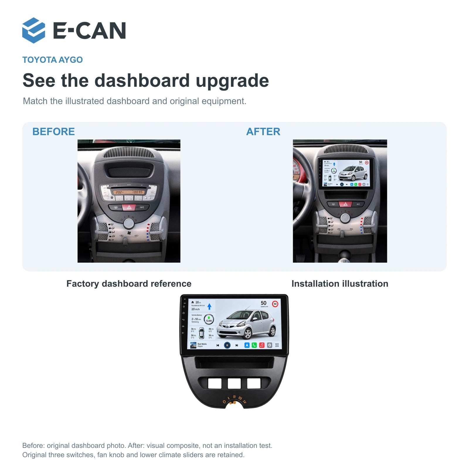 E-CAN Toyota aygo 10-inch · 2005–2013 matched fascia factory dashboard and installation illustration