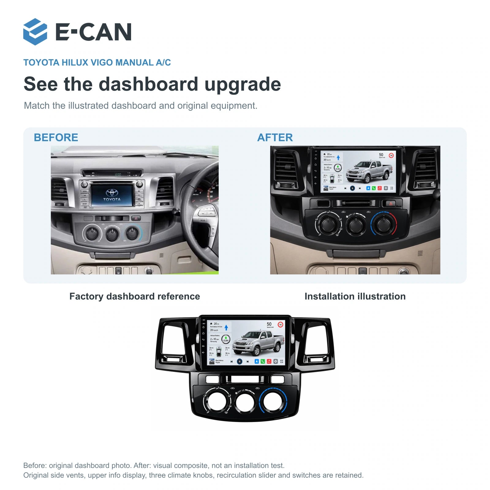 E-CAN Toyota hilux 9-inch · 2011–2015 matched fascia factory dashboard and installation illustration