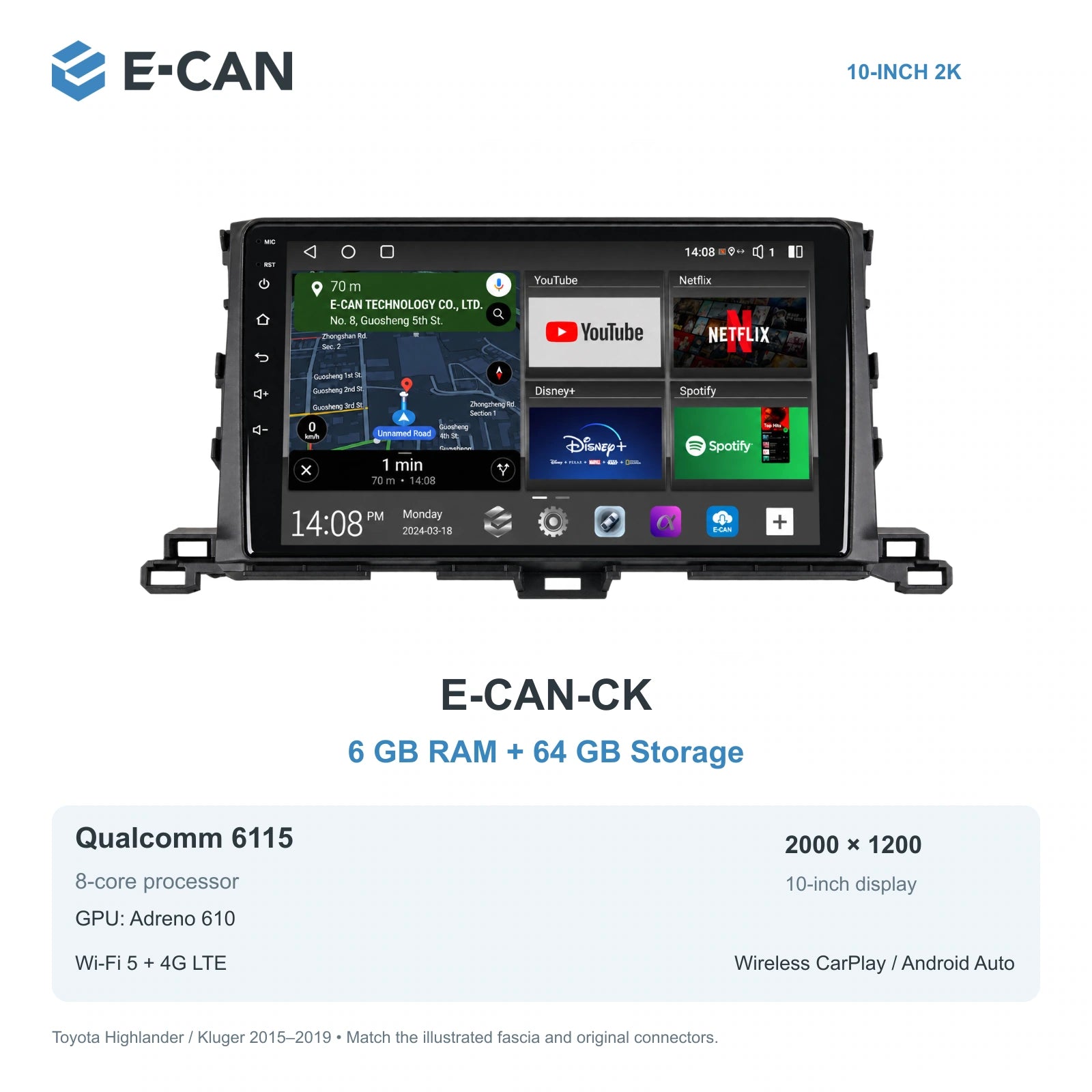 E-CAN Toyota highlander 10-inch · 2015–2019 matched fascia E-CAN-CK 6GB + 64GB