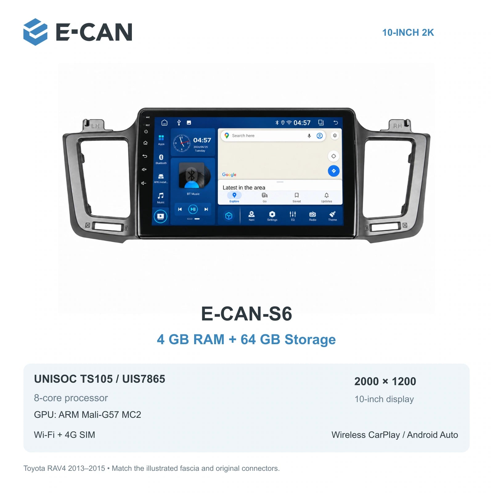 E-CAN Toyota rav4 10-inch · 2013–2015 matched fascia E-CAN-S6 4GB + 64GB