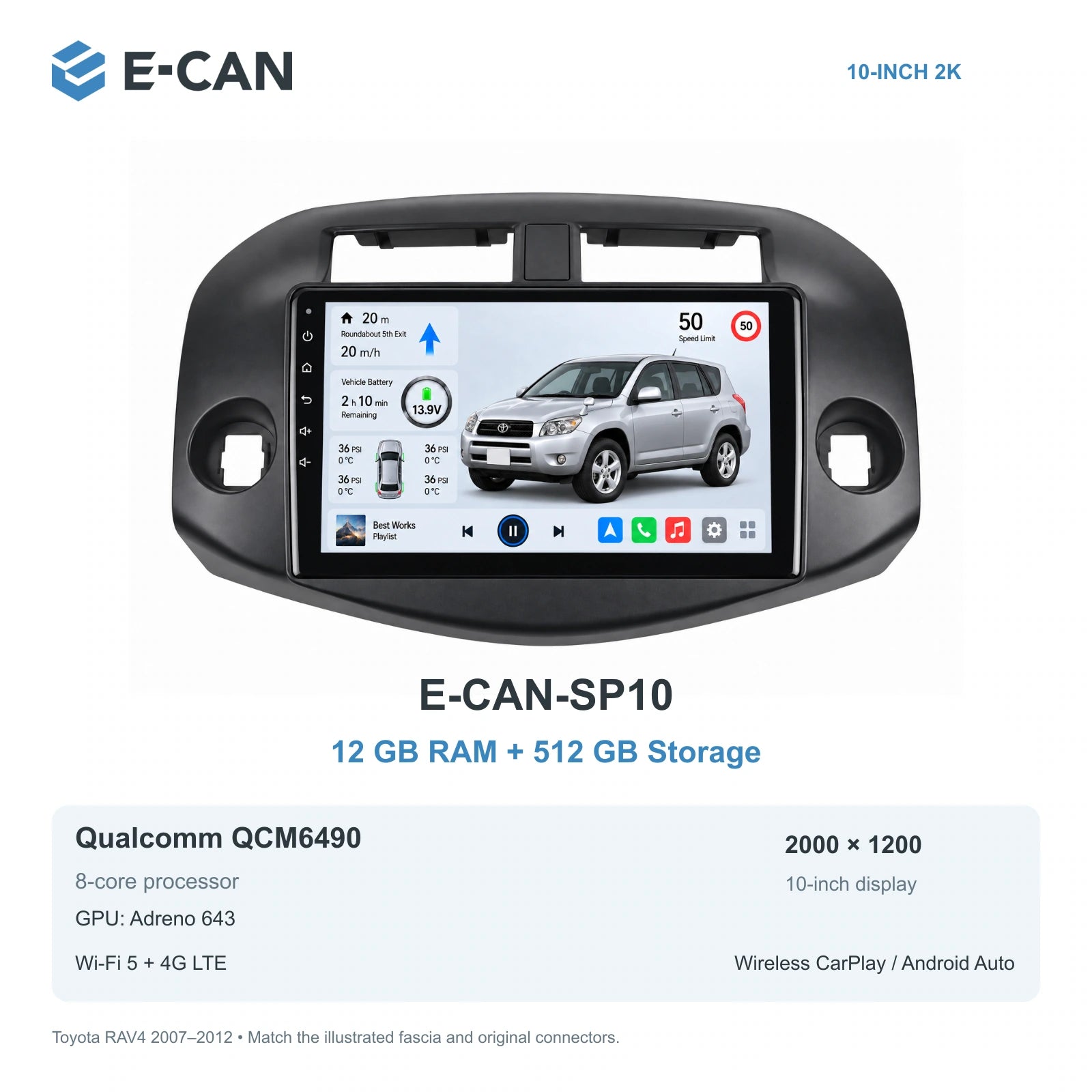 E-CAN Toyota rav4 10-inch · 2007–2012 matched fascia E-CAN-SP10 12GB + 512GB