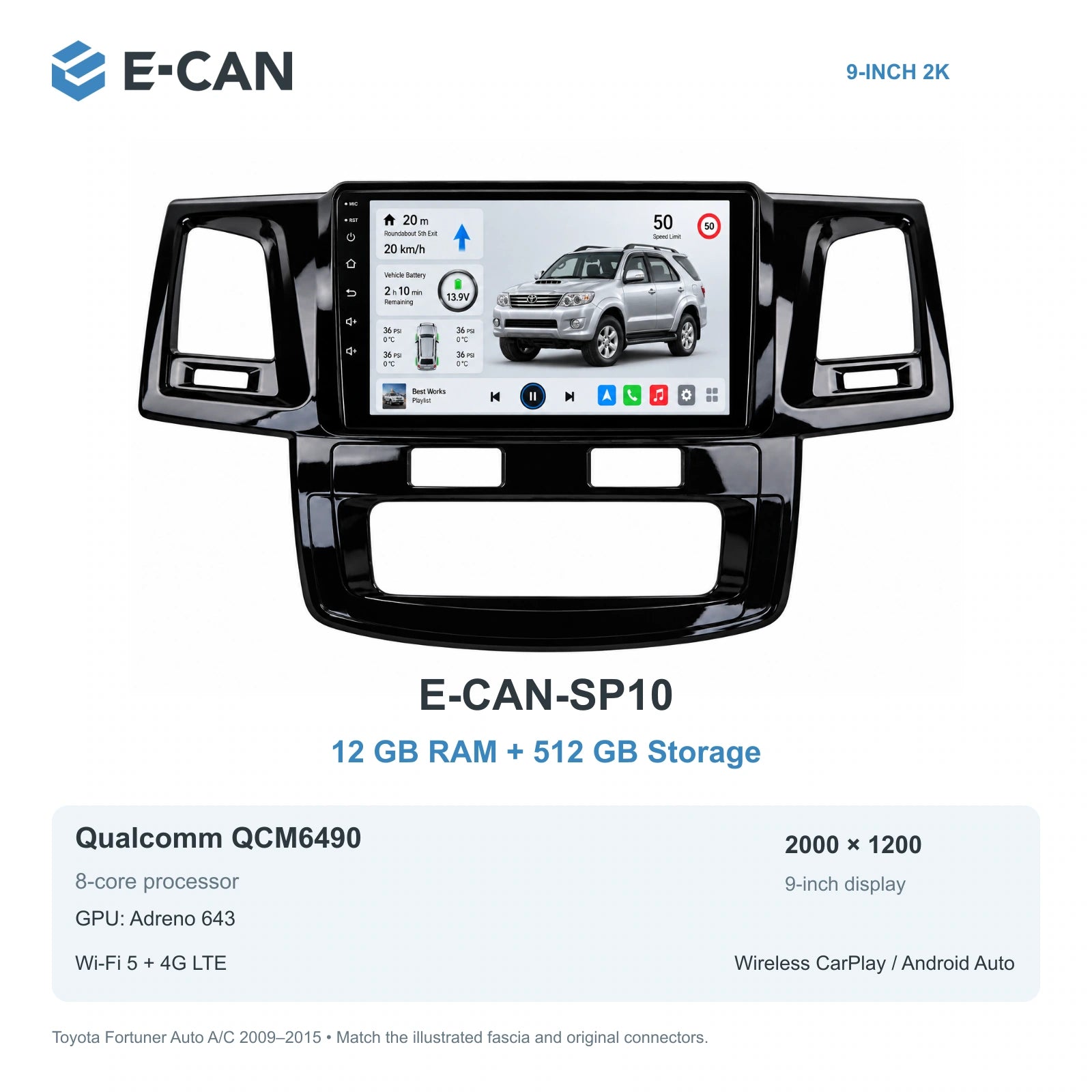 E-CAN Toyota fortuner 9-inch · 2009–2015 matched fascia E-CAN-SP10 12GB + 512GB