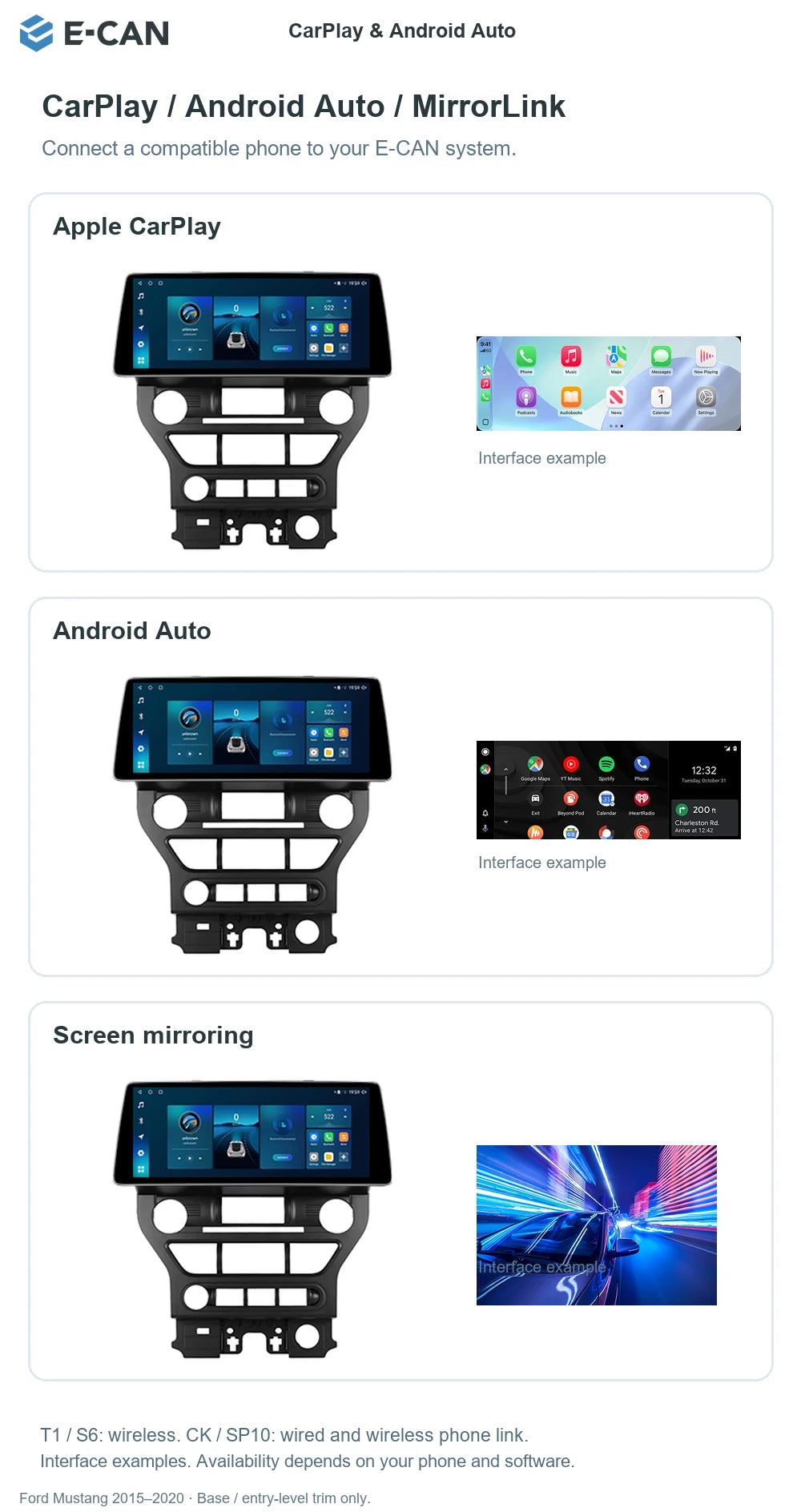 E-CAN CarPlay & Android Auto for Ford Mustang 2015–2020